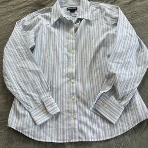 Lands' End Women’s Blue and White Striped Button Down Shirt 100% Cotton Size 12